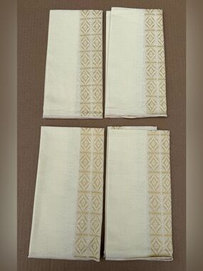 Set of 4 Vintage Cream Linen Napkins with Gold Geometric Border